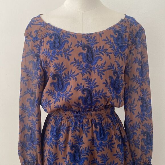 Madewell Broadway & Broome Blue and Brown Silk Paisley Mini Dress Size 6 - Picture 3 of 14